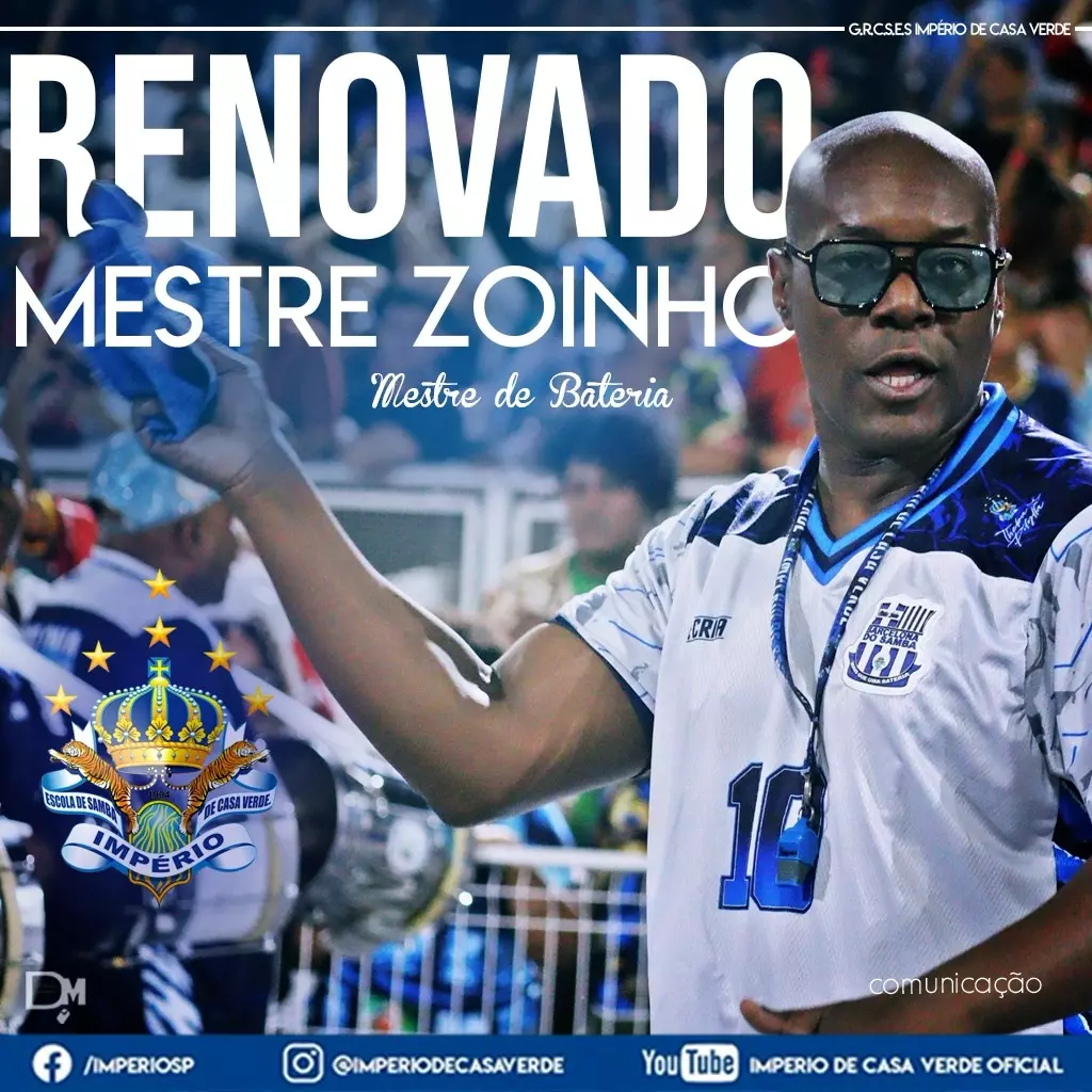 Império de Casa Verde renova com Mestre de Bateria Robson Zoinho para o Carnaval 2027.